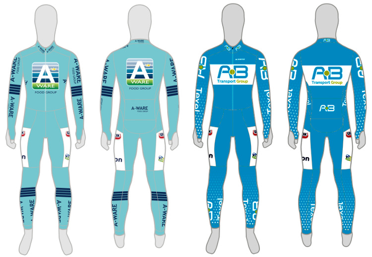 De pakken waarmee Team A-ware en Team AB Transport Group in het nieuwe seizoen gekleed zullen gaan.