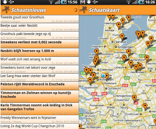 In de Schaatsnieuws App kan je in verschillende schermen onder andere het laatste schaatsnieuws (links) en de actuele natuurijslocaties (rechts) bekijken.